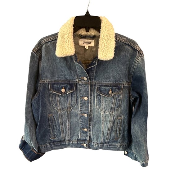 Vintage Unveil Sherpa Lined Denim Jacket Size L Faux Shearling Collar Streetwear - Picture 2 of 9